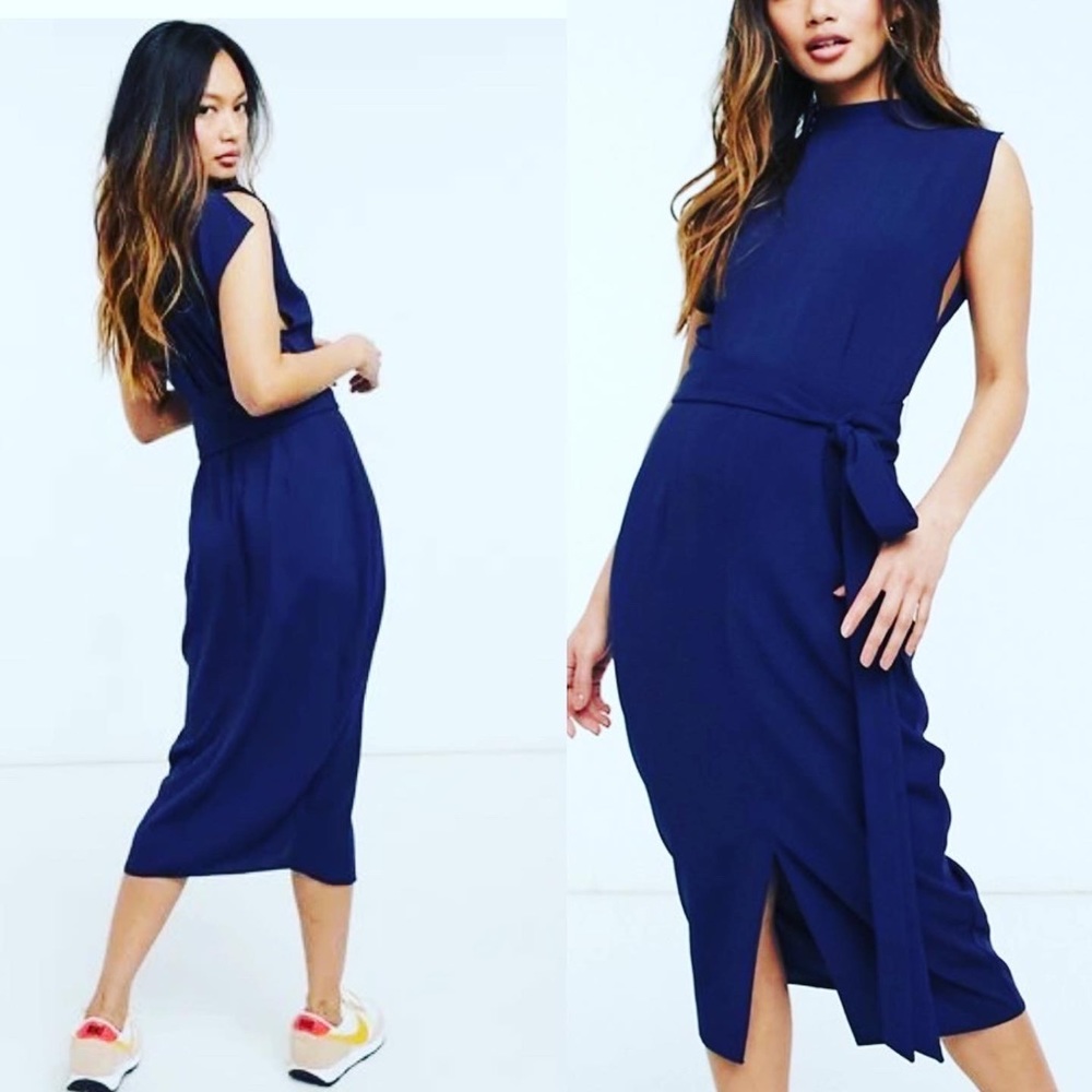 💙 NWT ASOS RETRO NAVY SPLIT SLEEVE PEEK A BOO BACK MIDI SHEATH DRESS 12